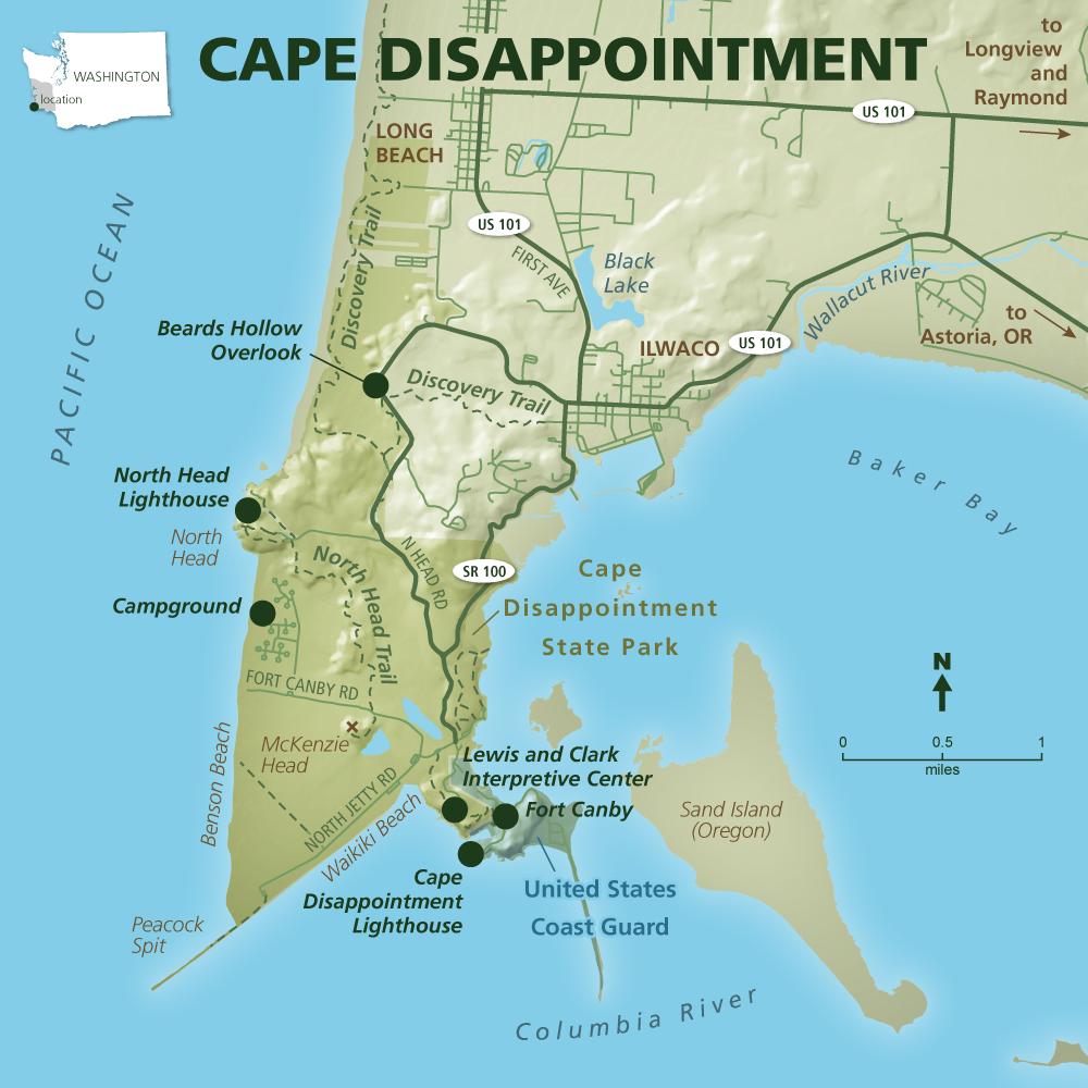Map of Cape Disappointment State Park in Washington showing campground locations, lighthouses, Discovery Trail, and nearby coastal landmarks for RV camping and trip planning.