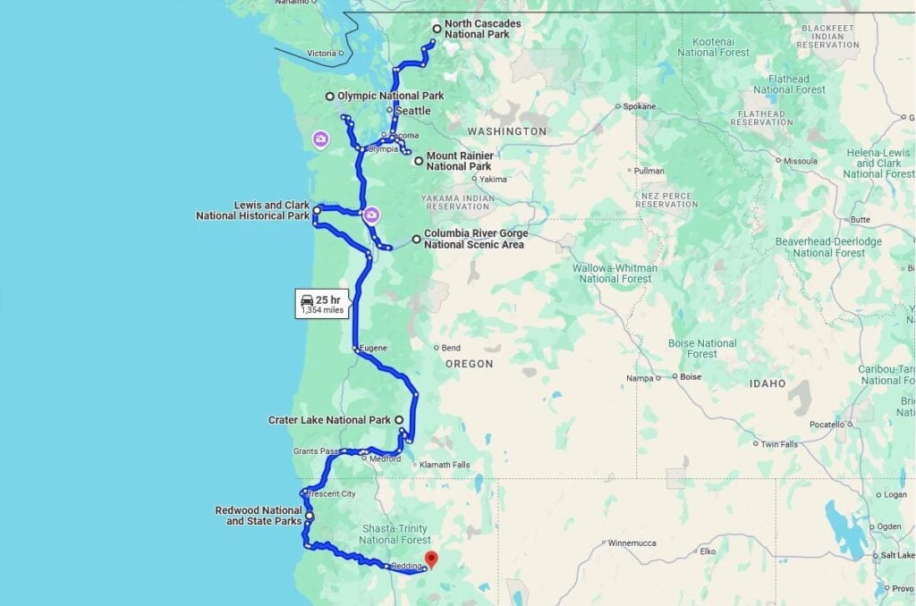 West Coast RV road trip itinerary map from Washington to California featuring Olympic National Park, Columbia River Gorge, Crater Lake, and Redwood National Park scenic camping stops