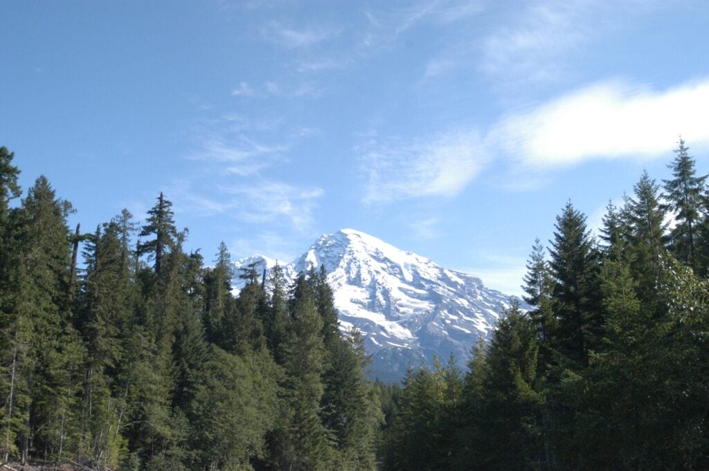 Snow-covered Mount Rainier rising above dense evergreen forests near RV campgrounds in Washington State.