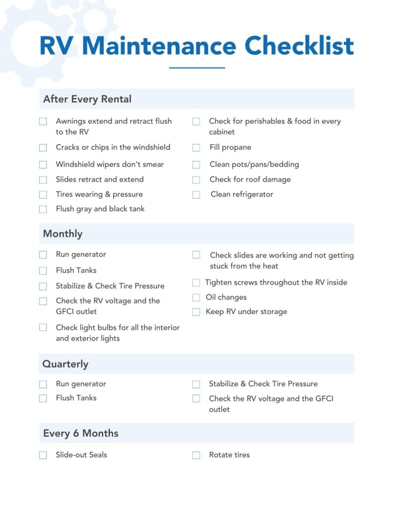 Spring RV maintenance checklist graphic showing roof inspections, tire checks, tank maintenance, slide-out inspections, and seasonal RV service tips for PNW camping.
