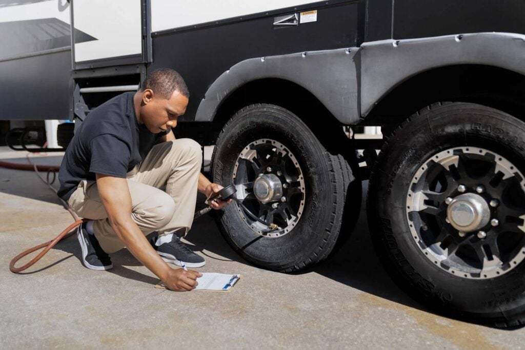 RV owner checking trailer tire pressure during a spring RV maintenance checklist before towing through Washington and the Pacific Northwest.