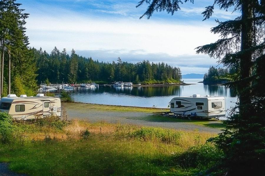 RV campers parked at a waterfront campground in the San Juan Islands surrounded by trees and scenic Pacific Northwest coastline.