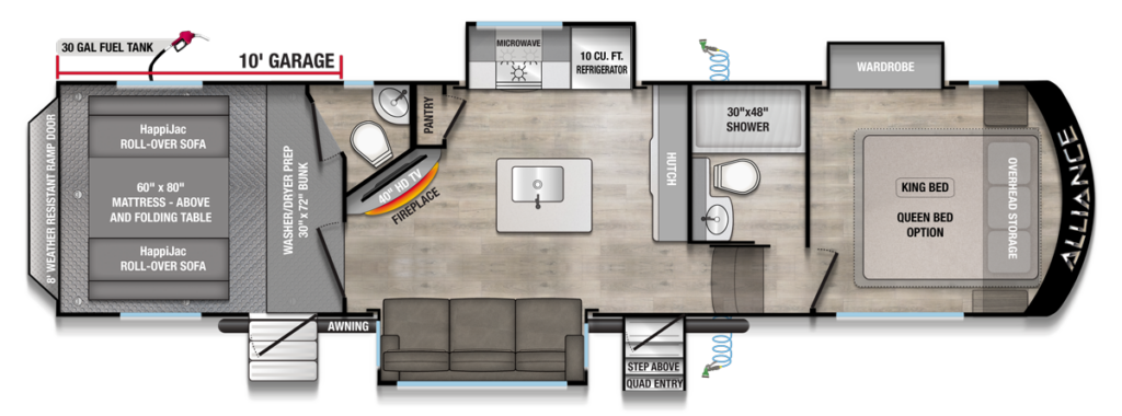 Alliance Avenue toy hauler floorplan featuring rear garage, HappiJac rollover sofas, king bed, fireplace, and spacious RV interior for adventure travel.