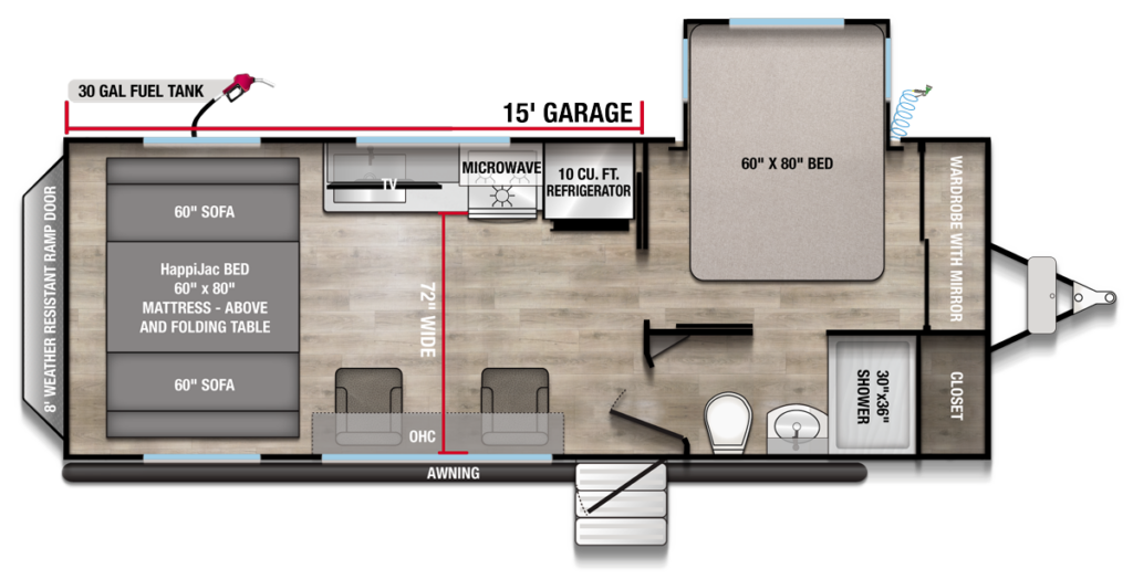 Alliance Valor toy hauler travel trailer floorplan with 15-foot garage, HappiJac bed system, queen bed, and open living area for outdoor adventure travel.