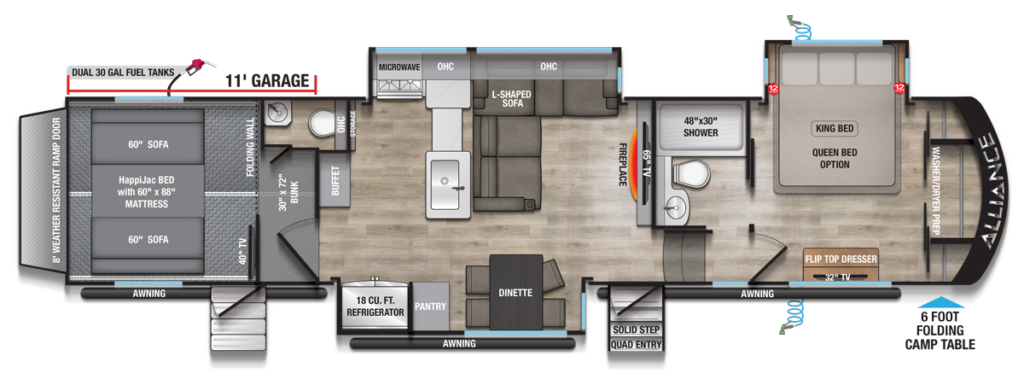 Alliance Valor 37V11 toy hauler floorplan with 11-foot garage, L-shaped sofa, king bedroom, fireplace, and spacious kitchen for family RV adventures.