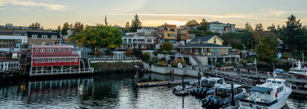 Friday Harbor marina and waterfront in the San Juan Islands, Washington, featuring boats, shops, restaurants, and scenic coastal views popular with RV travelers and boating enthusiasts.