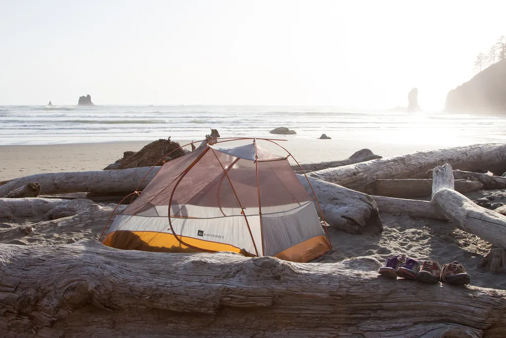 Tent camping on a driftwood-covered beach along the Olympic Peninsula in Washington State with ocean views and coastal scenery.