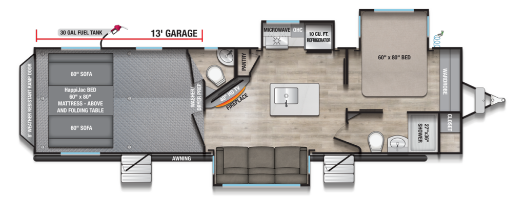 Alliance Valor 32T13 toy hauler floorplan with 13-foot garage, HappiJac bed system, queen bedroom, fireplace, and spacious living area for ATV and motorcycle adventures.
