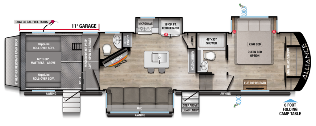 Alliance Valor 36V11 luxury toy hauler floorplan featuring king bed, large garage, loft, fireplace, and premium RV living space for outdoor recreation travel.