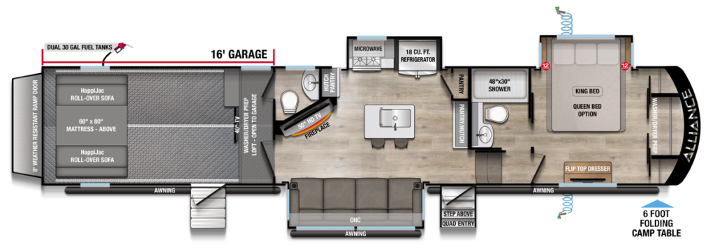 Alliance Valor 41V16 toy hauler floorplan featuring oversized garage, king bed, loft area, fireplace, and luxury RV interior for outdoor adventure camping.