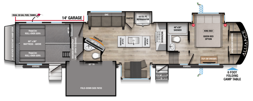 Alliance Valor 42V14 toy hauler floorplan with fold-down side patio, large garage, king bedroom, fireplace, and spacious luxury RV interior.
